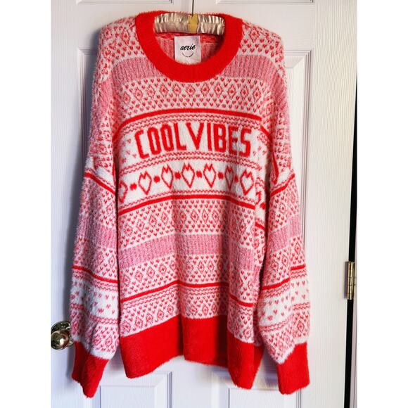 Aerie Flurry Oversized Red Fleece Crew Sweater XXL Graphic Heart Cool Vibes Cozy - Picture 7 of 12